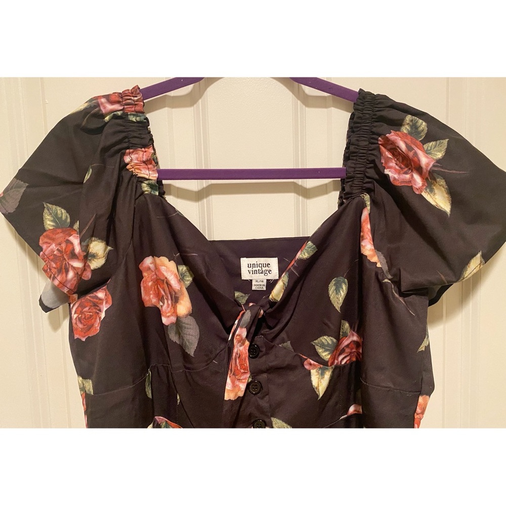 Unique Vintage Black & Pink Floral Ellias Swing Dress - Picture 6 of 10